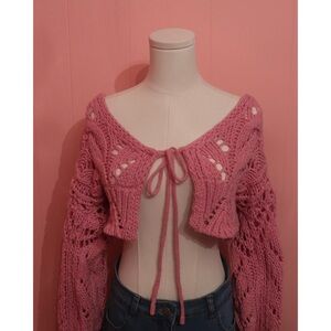 🌸 Storia Pink Crochet Knit Tie-Front Cardigan – Size Medium 🌸